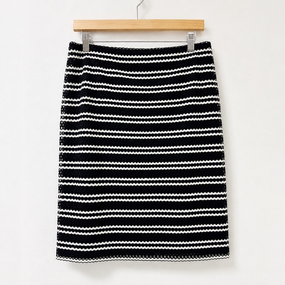 Alfani Size 12 Black White Striped Eyelet Mesh Pencil Skirt Knee Length Lined